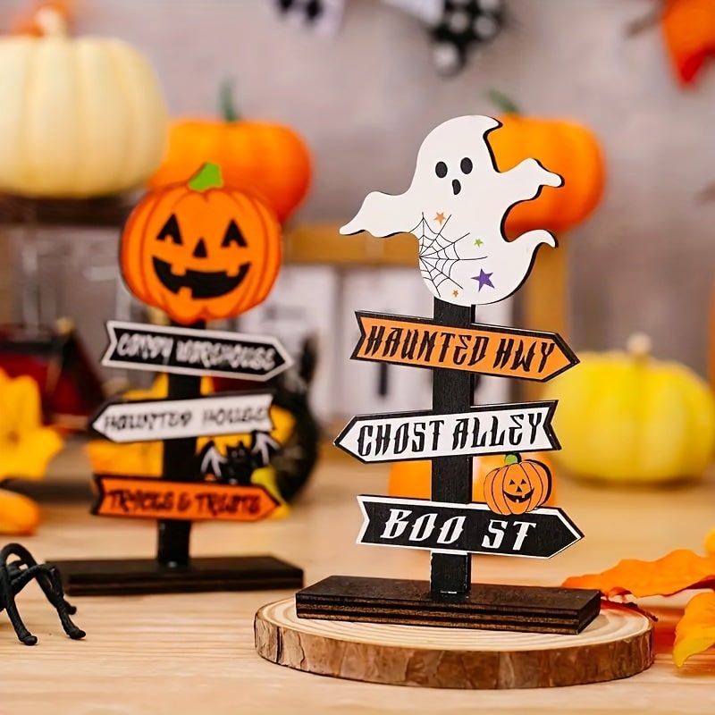 Halloween Dekoracje Domu Drewniany Drogowskaz ze Strzałkami i Motywami Ducha Dyni na Stół
