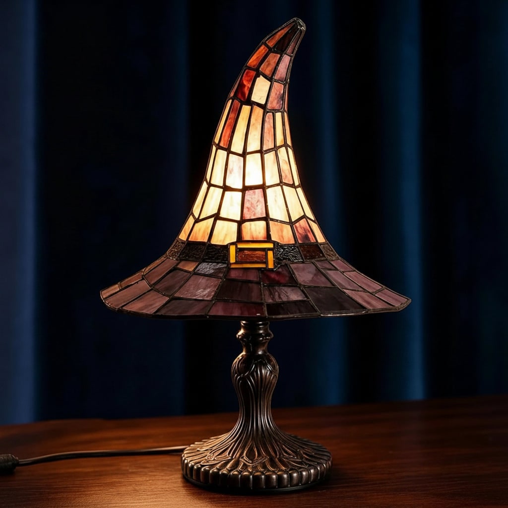 Halloween Lampka Stołowa Witrażowa w Stylu Tiffany Kapelusz Czarownicy Dekoracja Nocna Mała
