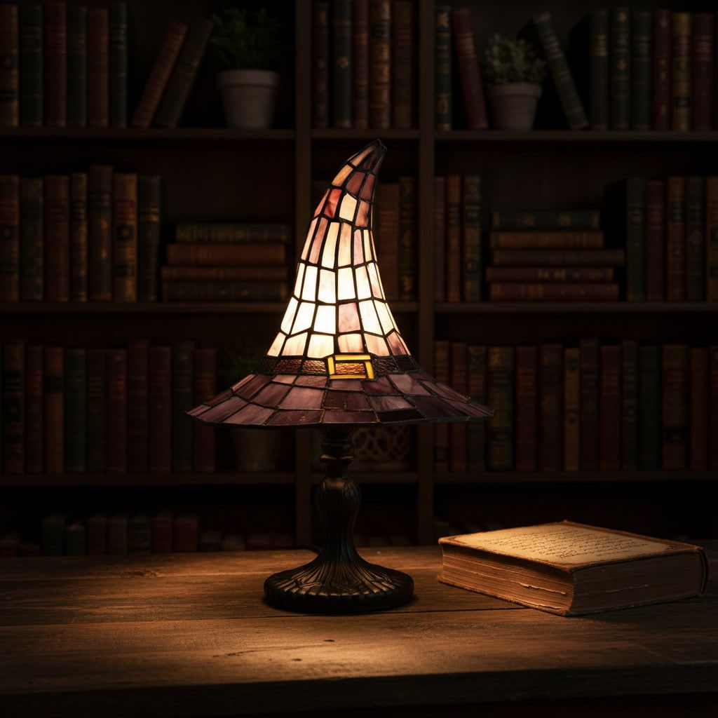 Halloween Lampka Stołowa Witrażowa w Stylu Tiffany Kapelusz Czarownicy Dekoracja Nocna Mała