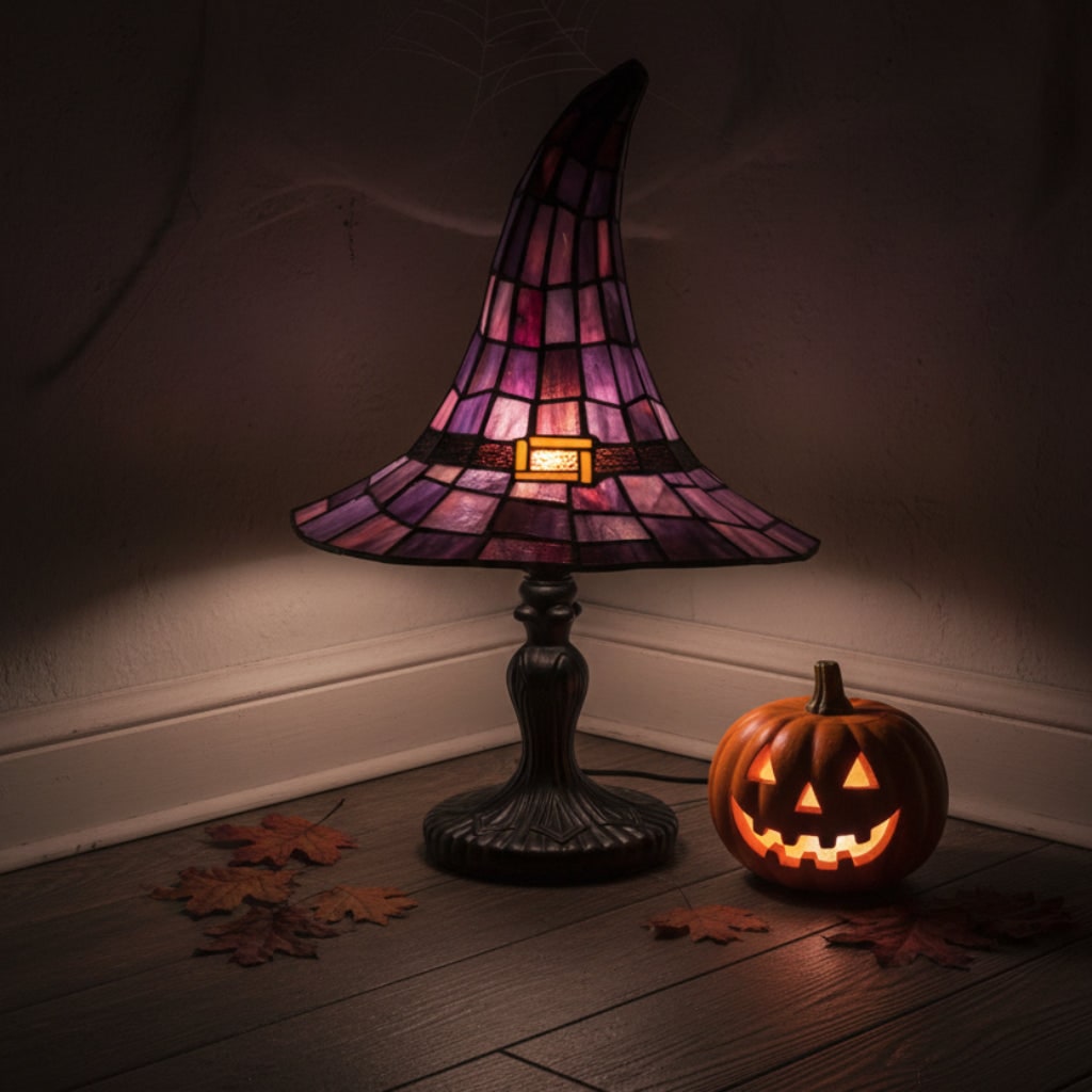 Halloween Lampka Stołowa Witrażowa w Stylu Tiffany Kapelusz Czarownicy Dekoracja Nocna Mała