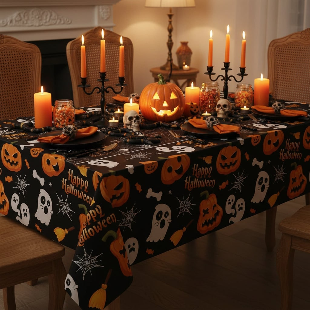 Halloween Obrus na Stół z Motywem Dyni Duch i Pajęczyny do Dekoracji Imprezy