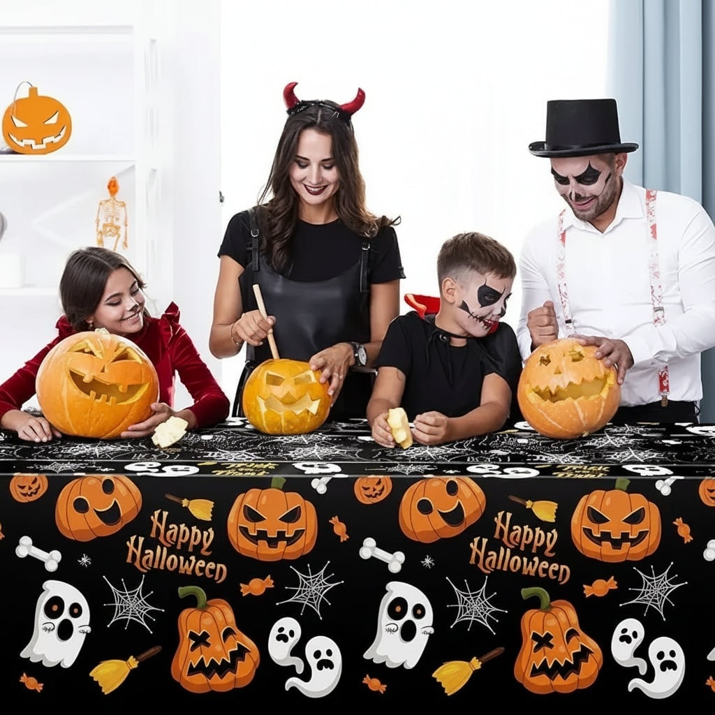 Halloween Obrus na Stół z Motywem Dyni Duch i Pajęczyny do Dekoracji Imprezy