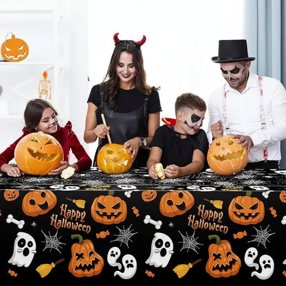 Halloween Obrus na Stół z Motywem Dyni Duch i Pajęczyny do Dekoracji Imprezy