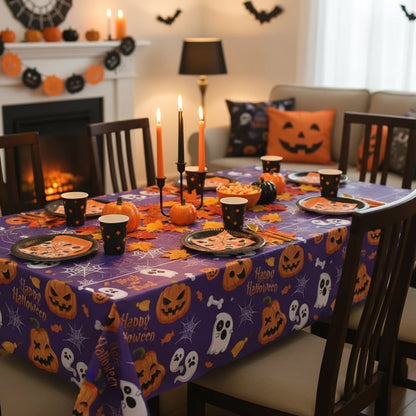 Halloween Obrus na Stół z Motywem Dyni Duch i Pajęczyny do Dekoracji Imprezy