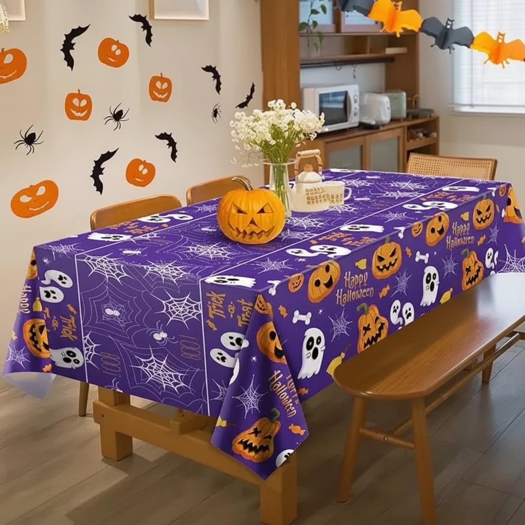 Halloween Obrus na Stół z Motywem Dyni Duch i Pajęczyny do Dekoracji Imprezy