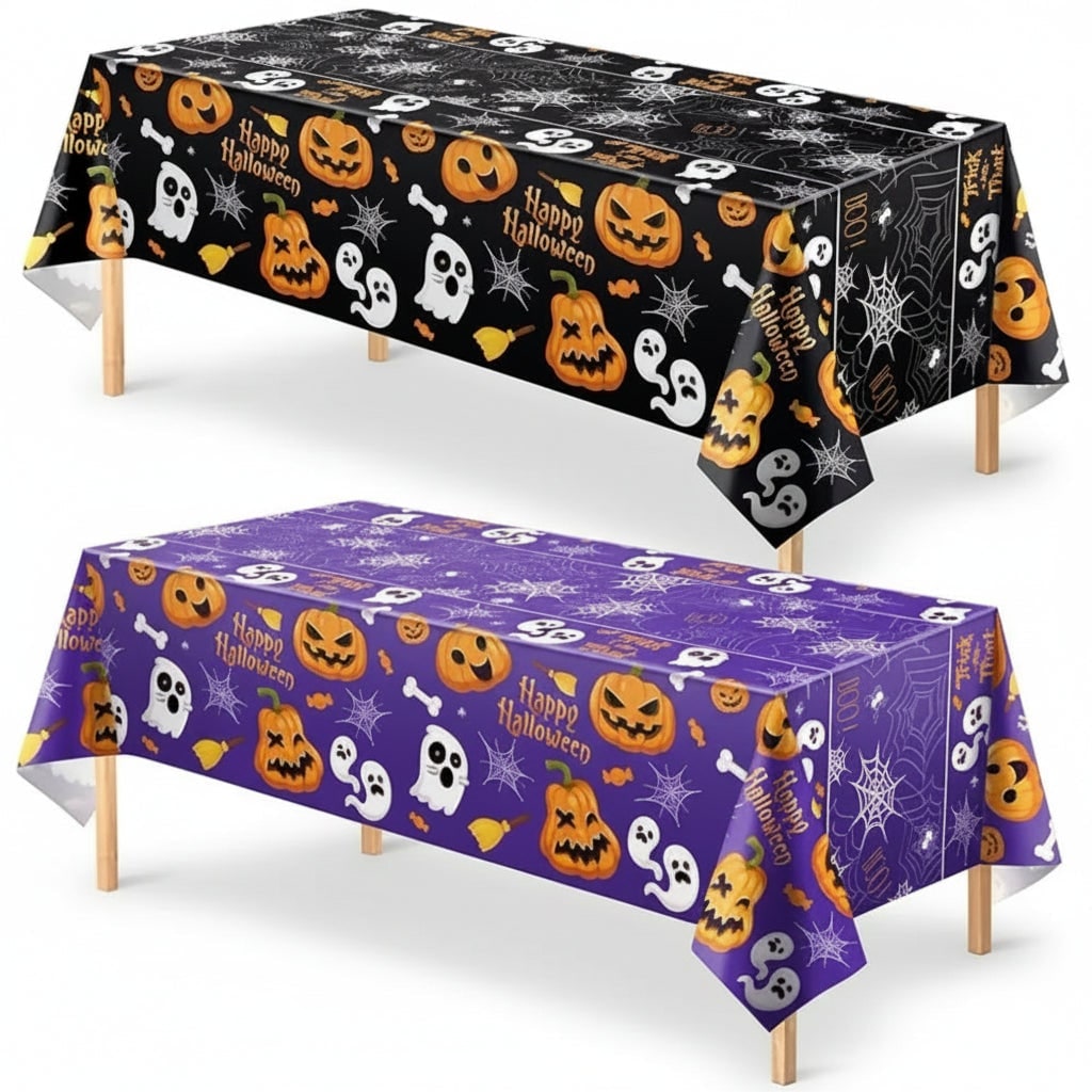 Halloween Obrus na Stół z Motywem Dyni Duch i Pajęczyny do Dekoracji Imprezy