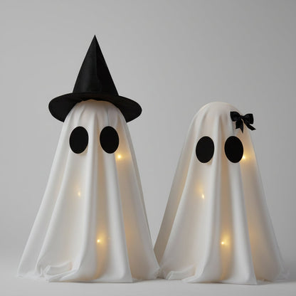 Halloween Ozdoby Dekoracyjne Dwa świecące Duchy z LED i Czarnym Kapeluszem Czarownicy
