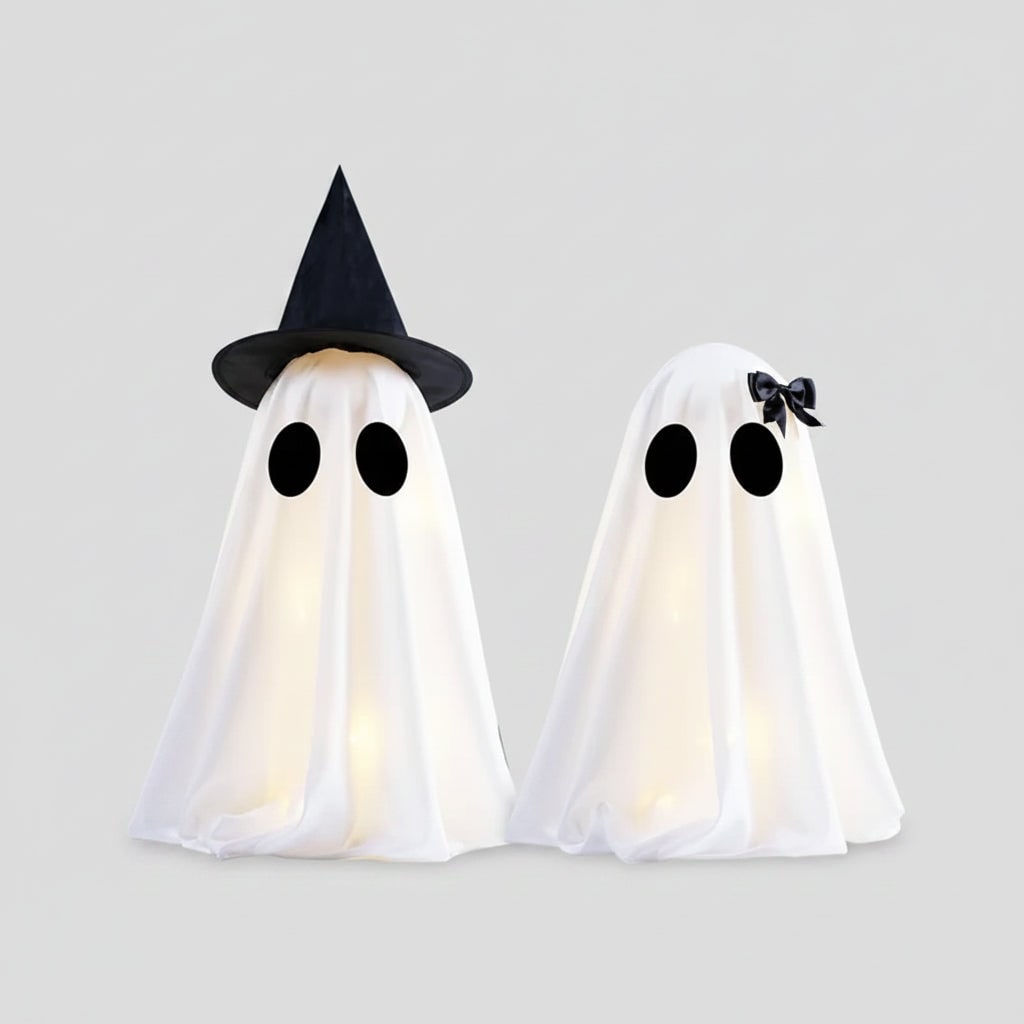 Halloween Ozdoby Dekoracyjne Dwa świecące Duchy z LED i Czarnym Kapeluszem Czarownicy
