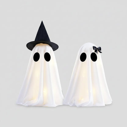 Halloween Ozdoby Dekoracyjne Dwa świecące Duchy z LED i Czarnym Kapeluszem Czarownicy