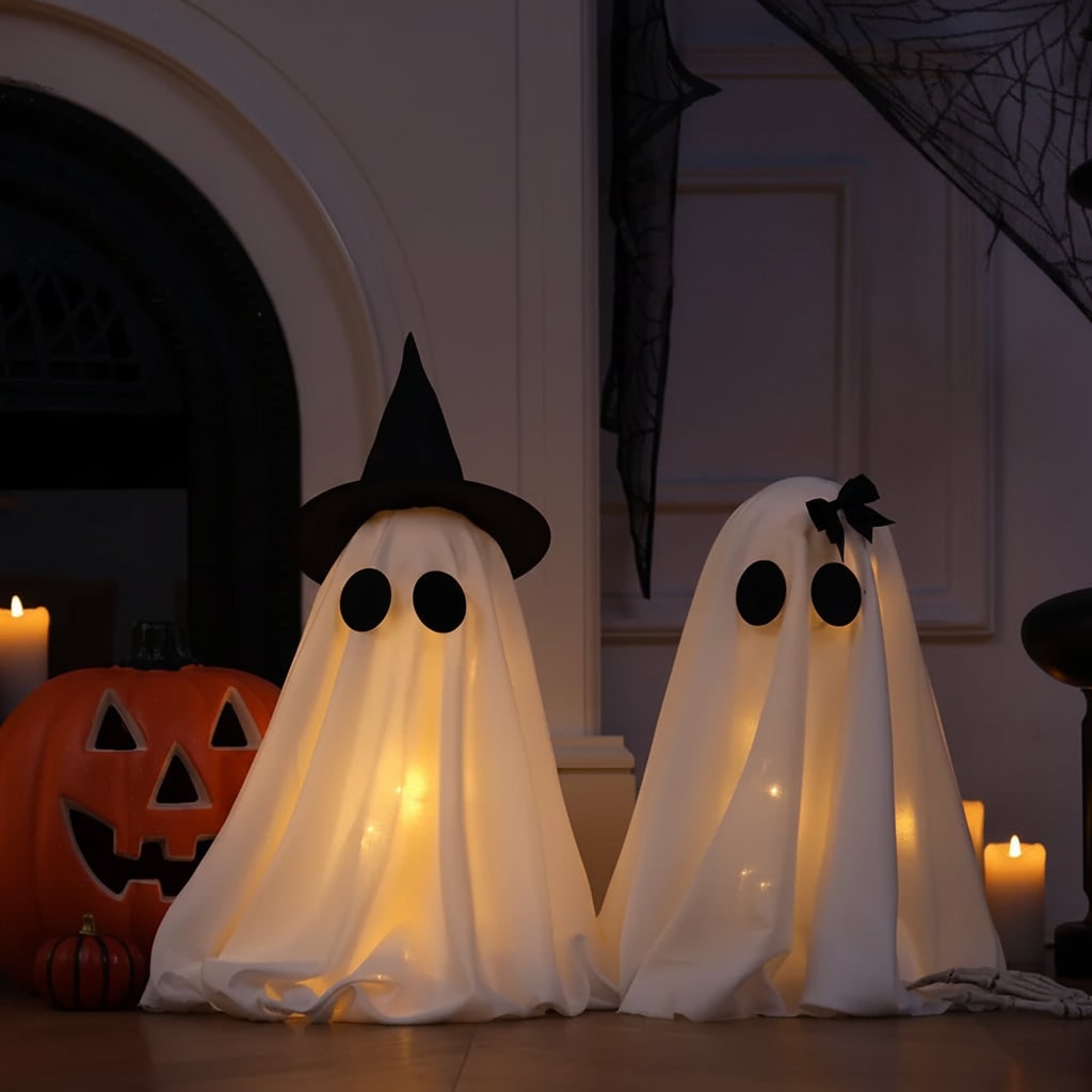 Halloween Ozdoby Dekoracyjne Dwa świecące Duchy z LED i Czarnym Kapeluszem Czarownicy
