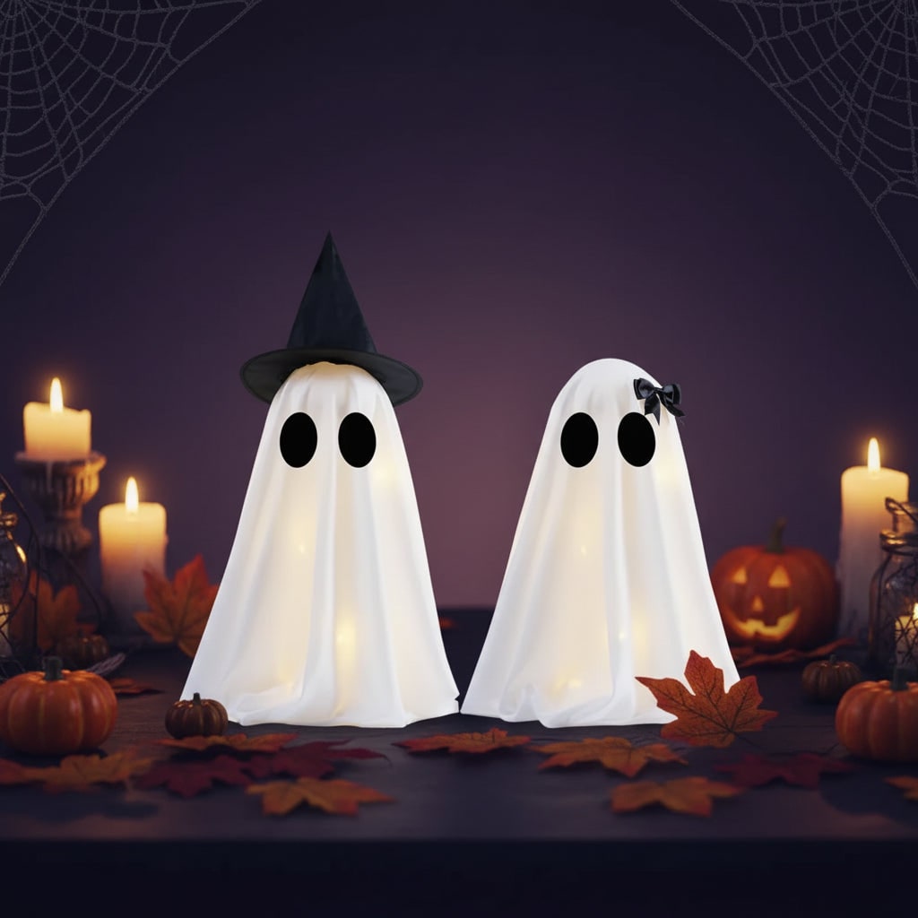 Halloween Ozdoby Dekoracyjne Dwa świecące Duchy z LED i Czarnym Kapeluszem Czarownicy