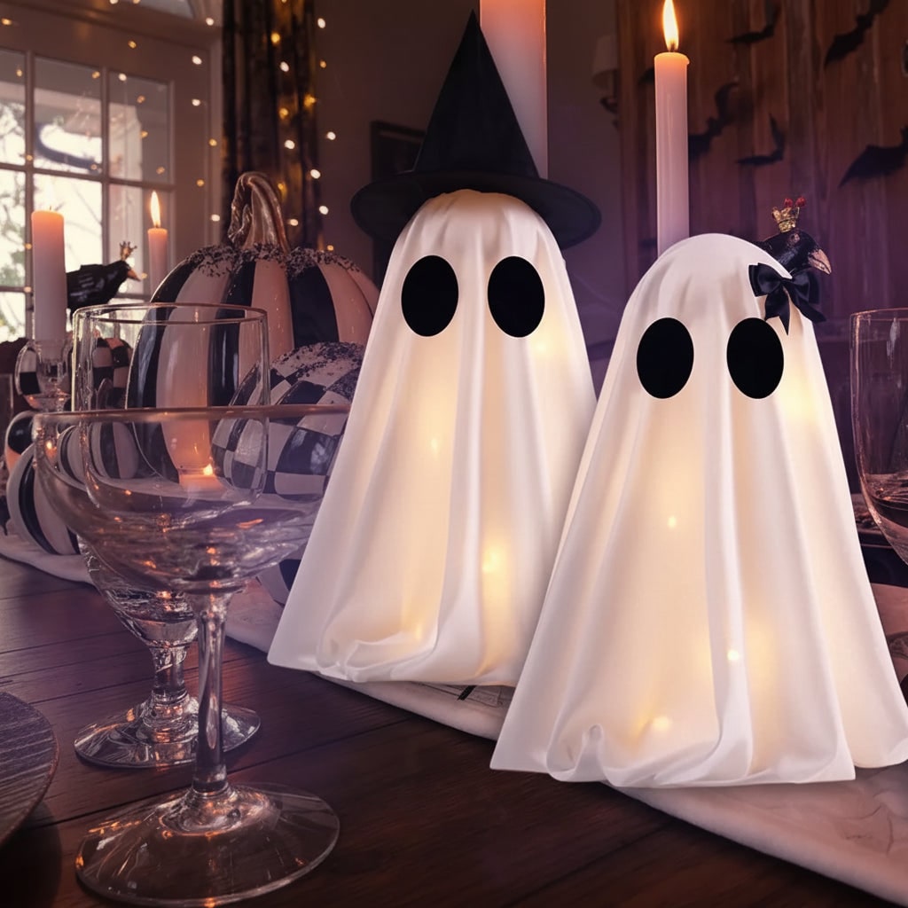 Halloween Ozdoby Dekoracyjne Dwa świecące Duchy z LED i Czarnym Kapeluszem Czarownicy