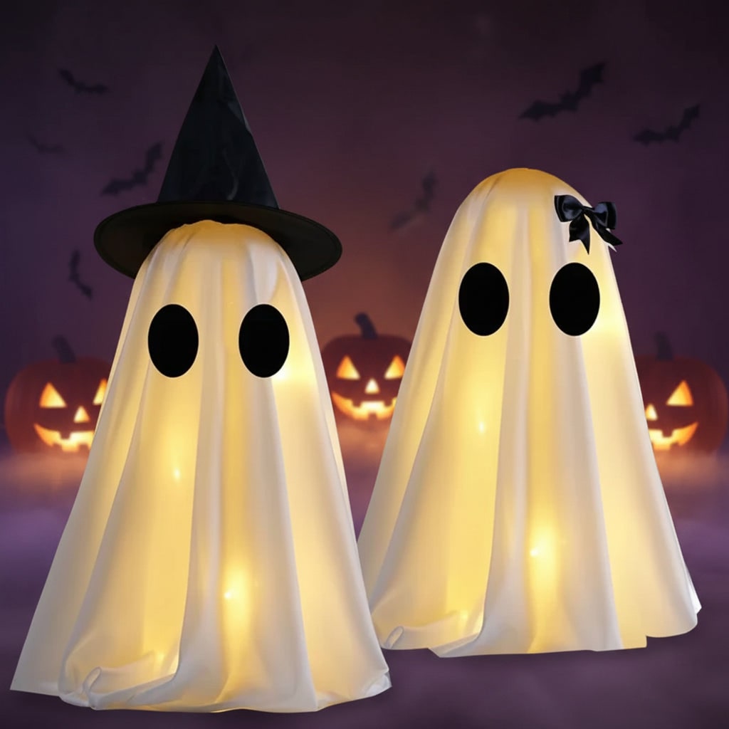 Halloween Ozdoby Dekoracyjne Dwa świecące Duchy z LED i Czarnym Kapeluszem Czarownicy
