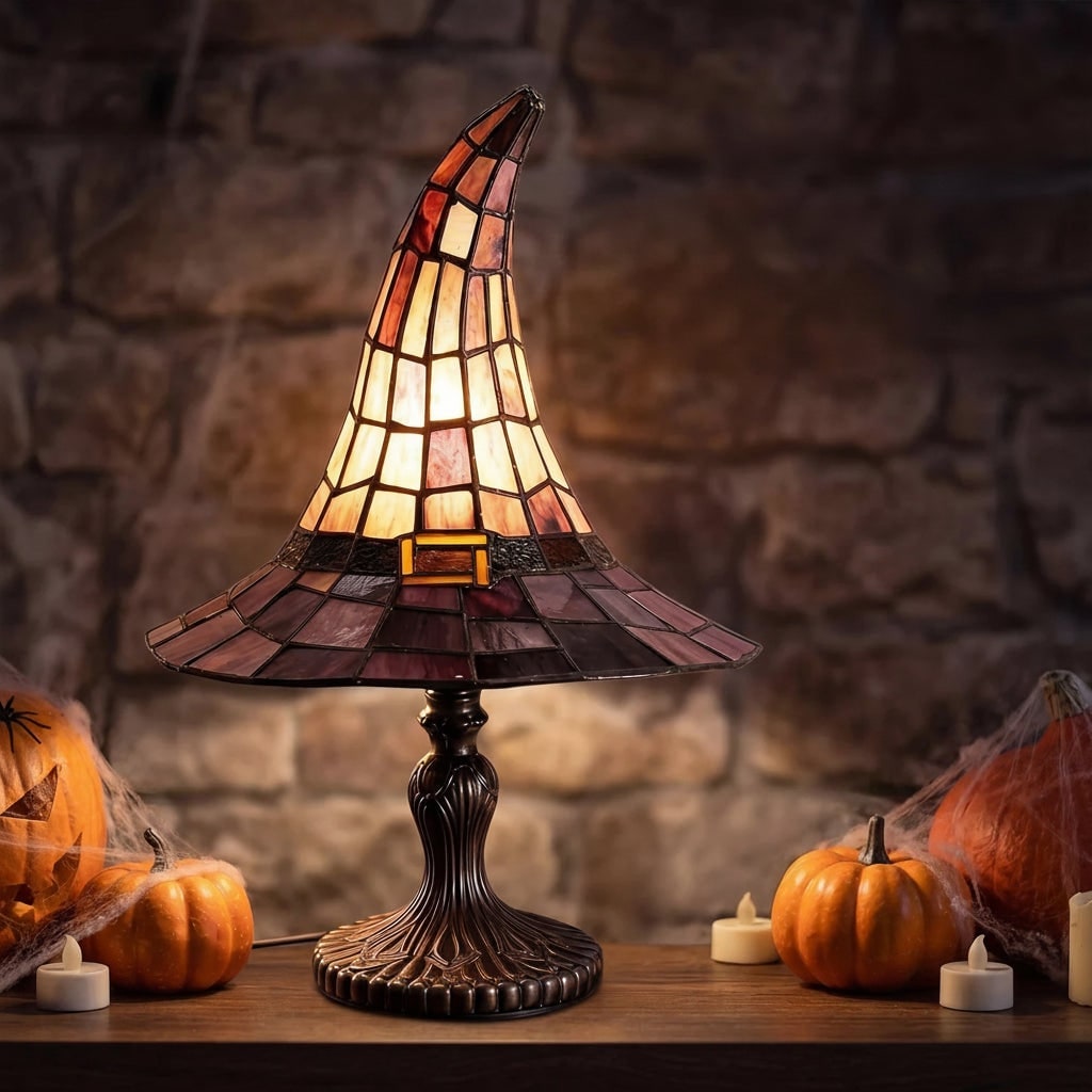 Halloween Ozdoby Lampka Stołowa Kształt Kapelusza Czarownicy Witrażowa