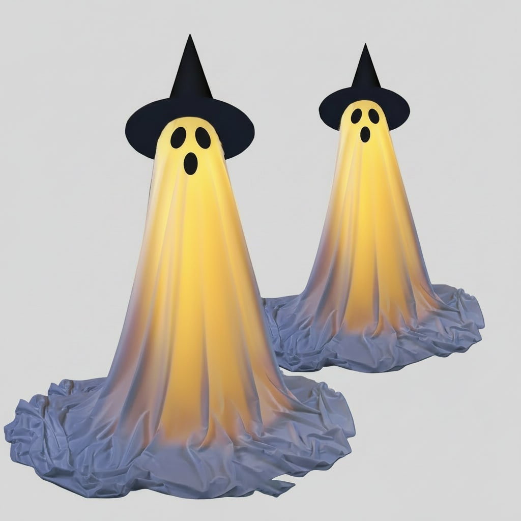 Halloween świecący Duch Dekoracyjny z Teleskopowym Stojakiem i Kapeluszem Czarownicy