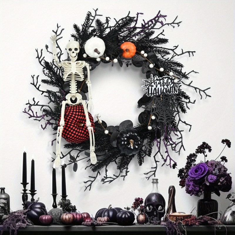 Halloween Wieniec na Drzwi ze Szkieletem i Dyniami Czarna Dekoracja
