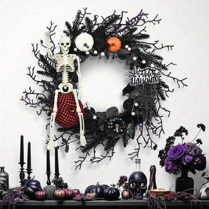 Halloween Wieniec na Drzwi ze Szkieletem i Dyniami Czarna Dekoracja