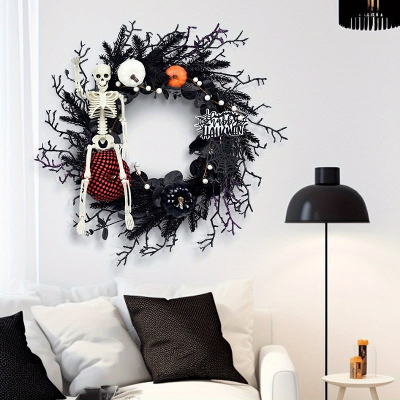Halloween Wieniec na Drzwi ze Szkieletem i Dyniami Czarna Dekoracja