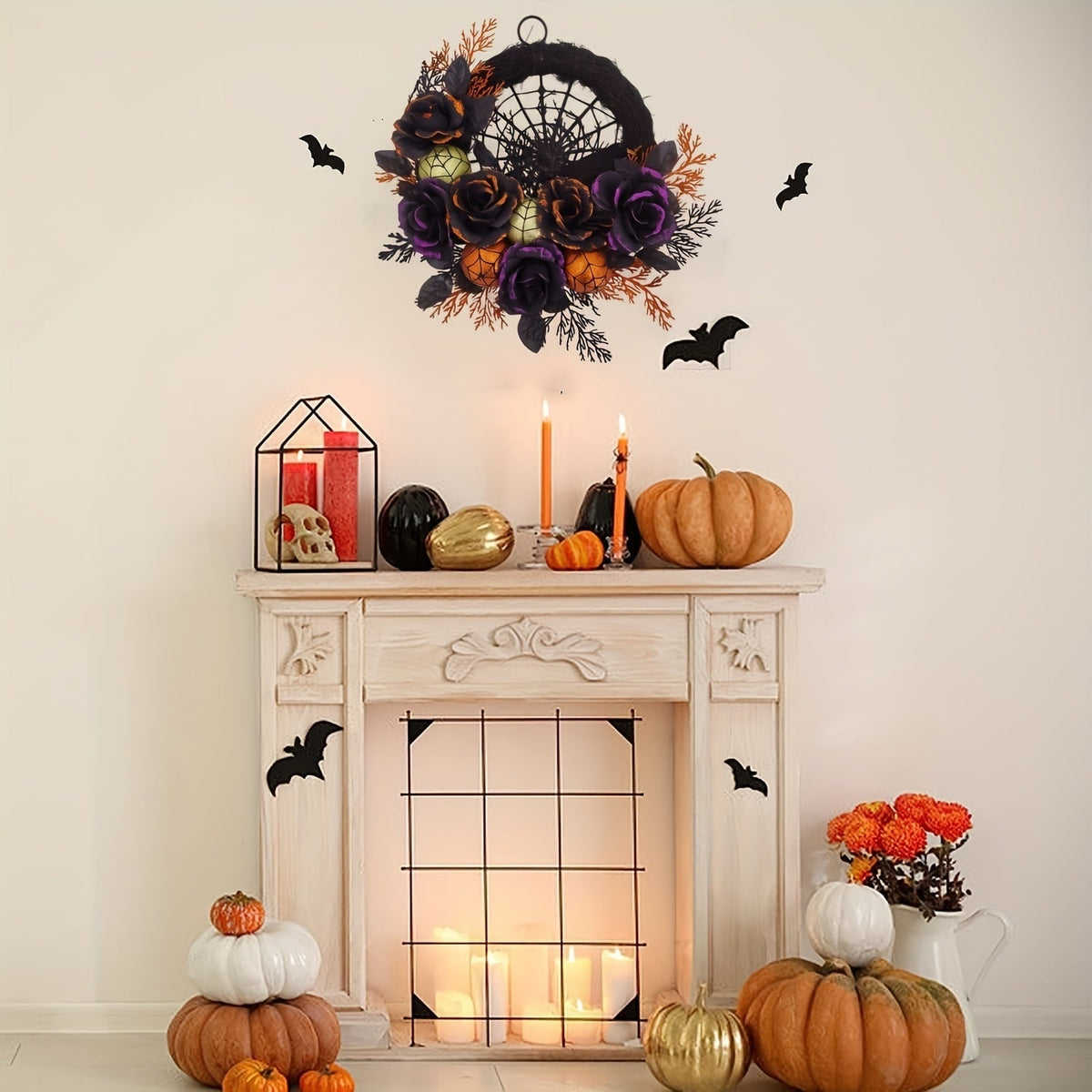 Halloween Wieniec na Drzwi ze Sztucznymi Różami i Pajęczyną do Dekoracji