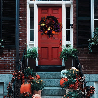 Halloween Wieniec na Drzwi ze Sztucznymi Różami i Pajęczyną do Dekoracji