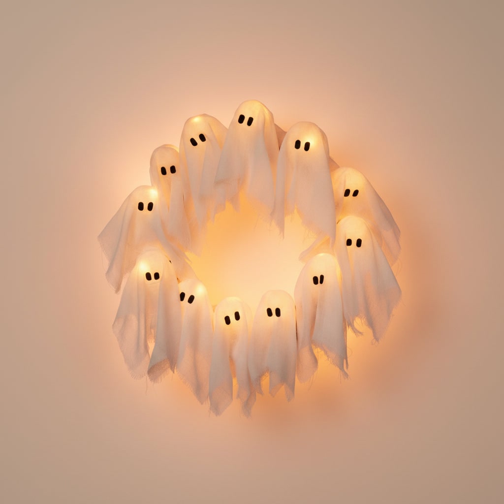 Halloween Wieniec na Drzwi ze świecącymi Duszkami LED i Gazą