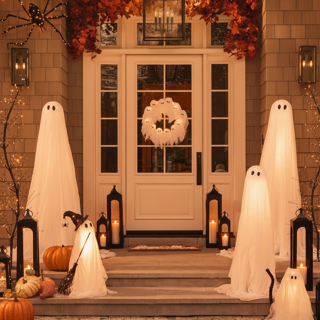 Halloween Wieniec na Drzwi ze świecącymi Duszkami LED i Gazą