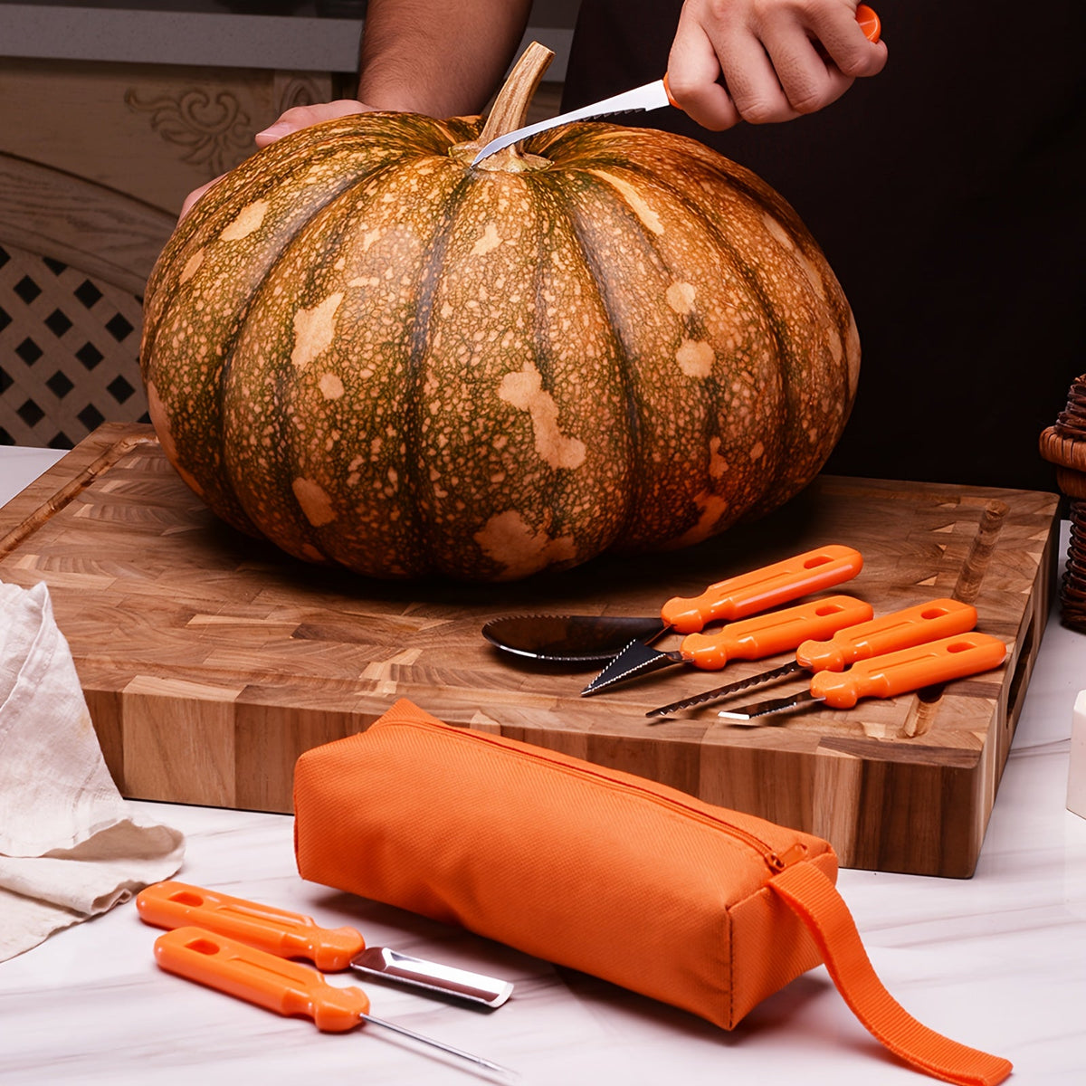Halloween Zestaw Narzędzi do Wycinania Dyni ze Stali Nierdzewnej 7 Szt. z Torbą
