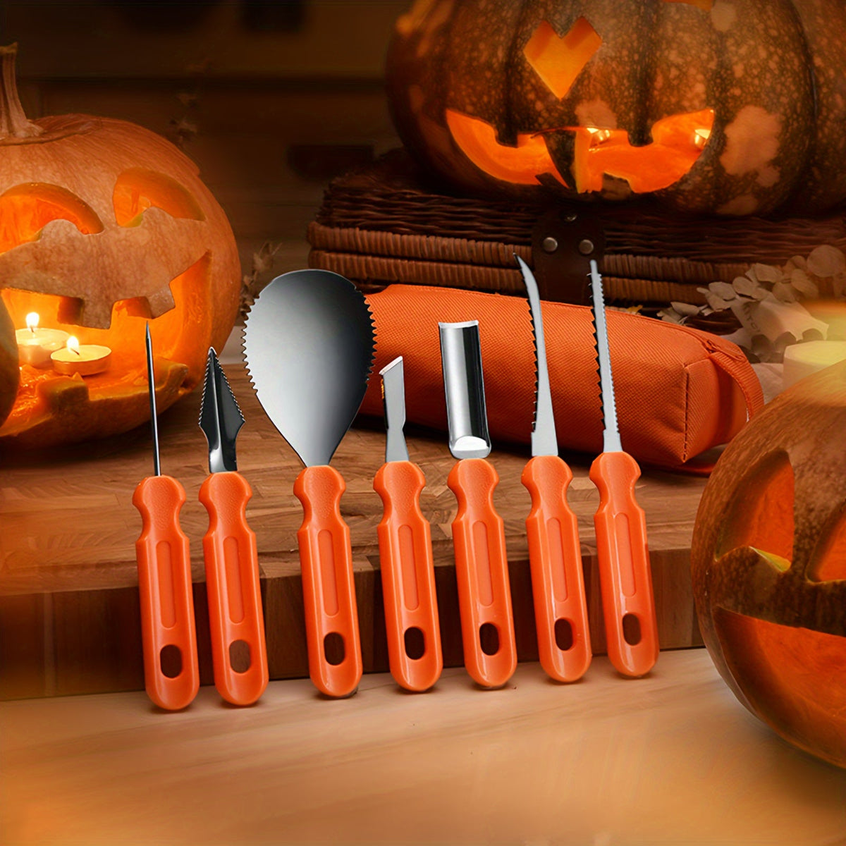 Halloween Zestaw Narzędzi do Wycinania Dyni ze Stali Nierdzewnej 7 Szt. z Torbą