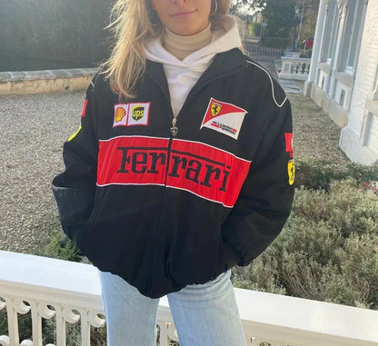 Kurtka wyścigowa oversize damska Ailyn – styl motorsport z blokami kolorów i naszywkami