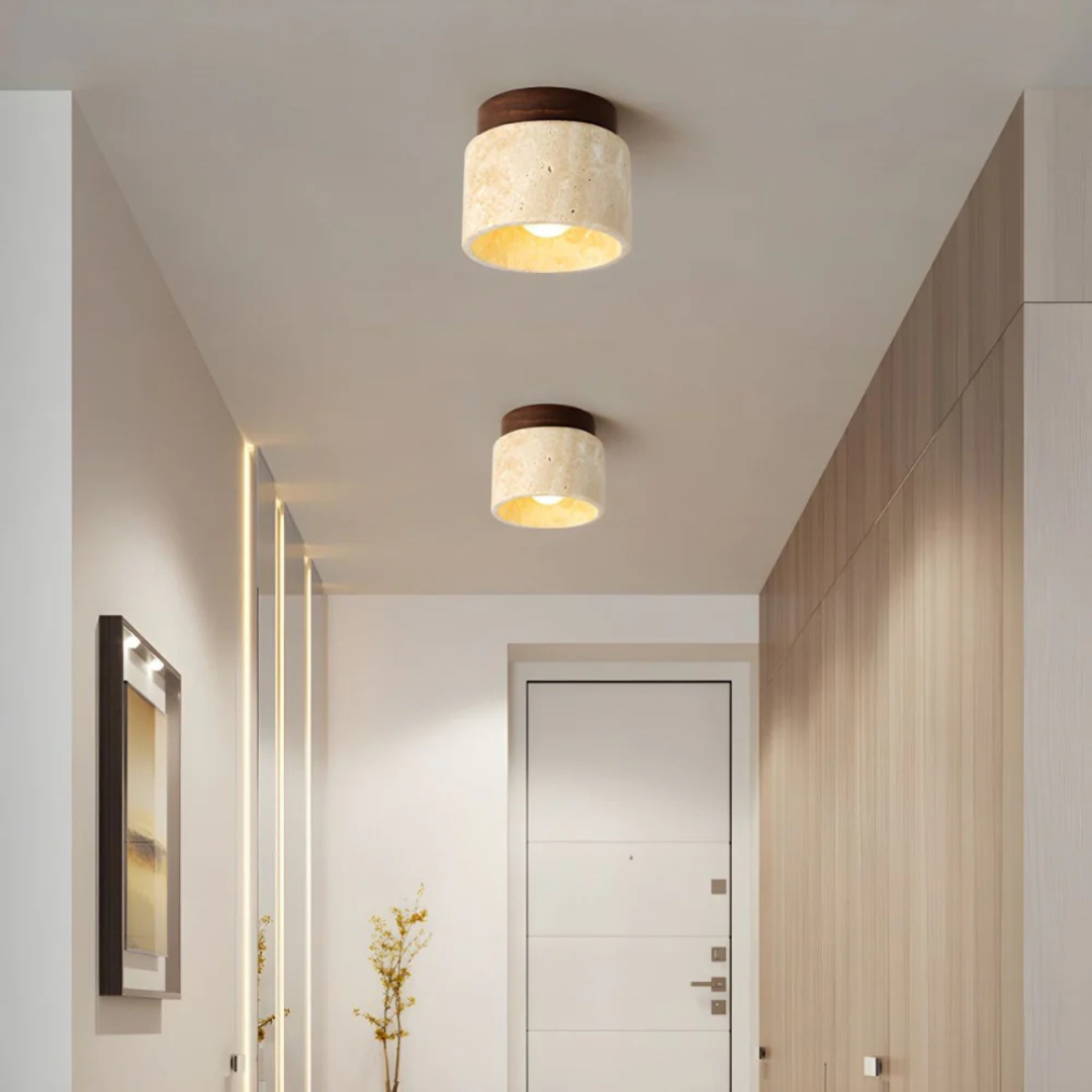 Lampa Sufitowa Podsufitowa LED Cylindryczna z Trawertynu i Drewnianą Podstawą do łazienki
