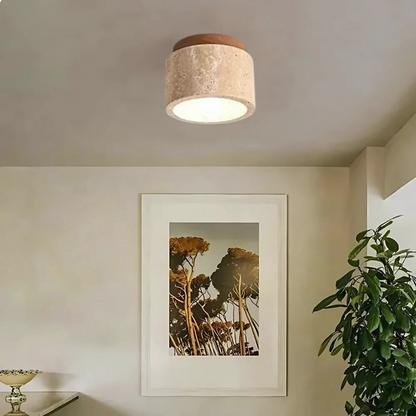 Lampa Sufitowa Podsufitowa LED Cylindryczna z Trawertynu i Drewnianą Podstawą do łazienki