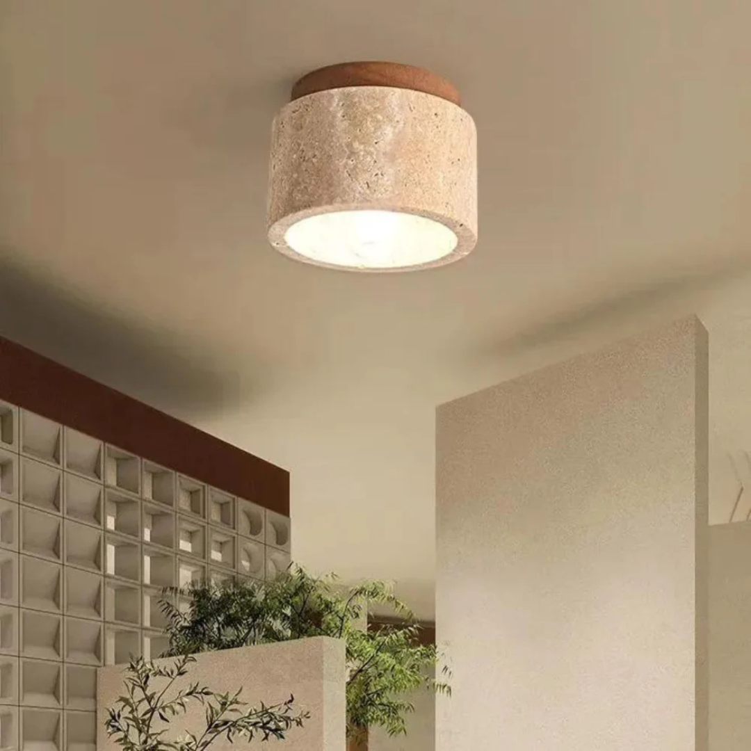 Lampa Sufitowa Podsufitowa LED Cylindryczna z Trawertynu i Drewnianą Podstawą do łazienki