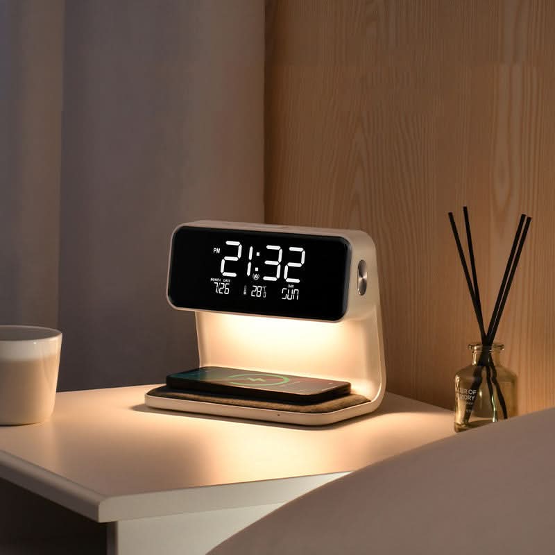 Lampka Nocna z Zegarem Cyfrowym i Ładowaniem Bezprzewodowym