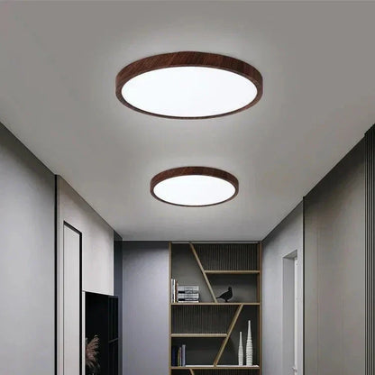 Nowoczesna płaska lampa sufitowa LED z drewnianą ramą w stylu Japandi
