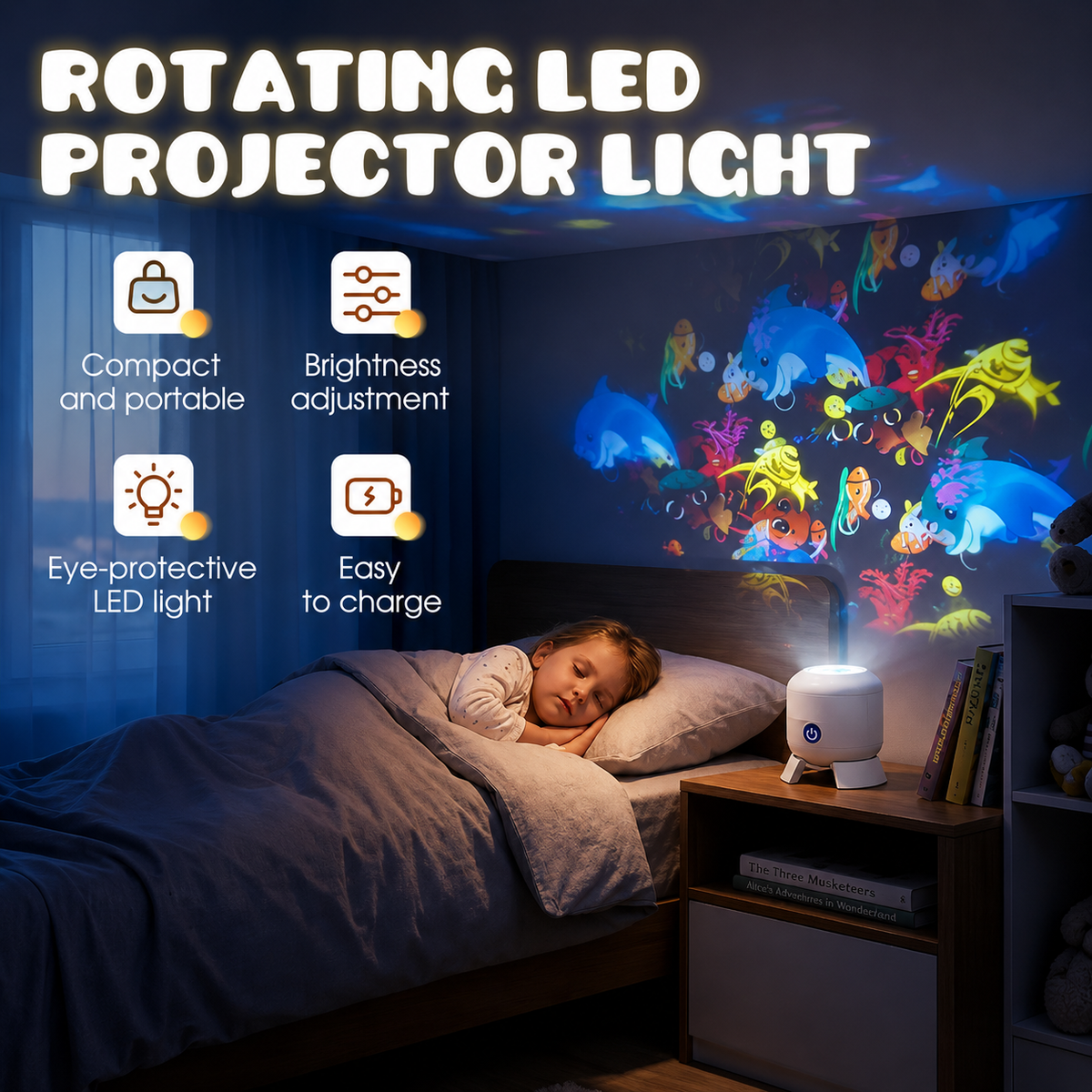 Projektor Obrotowy Lampka Nocna z Efektem Fal Oceanu
