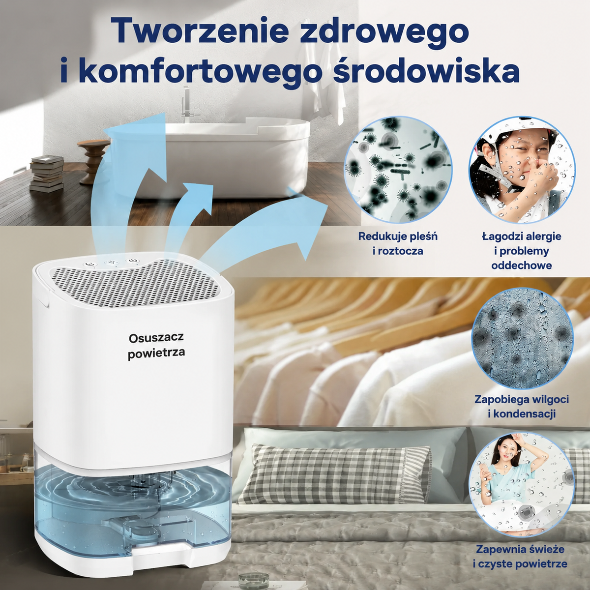 Przenośny osuszacz powietrza 2 w 1, 1000 ml, z filtrem i lampką nocną