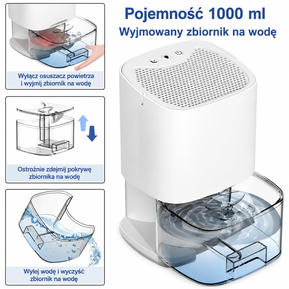 Przenośny osuszacz powietrza 2 w 1, 1000 ml, z filtrem i lampką nocną