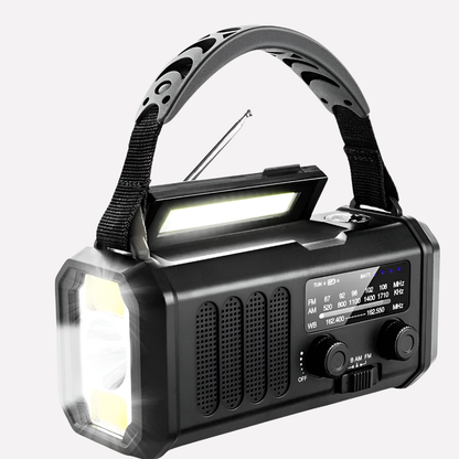 Radio awaryjne z ręczną korbką, panelem słonecznym i funkcją powerbanku