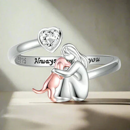 Regulowany srebrny pierścionek z motywem psa i serca – symbol miłości
