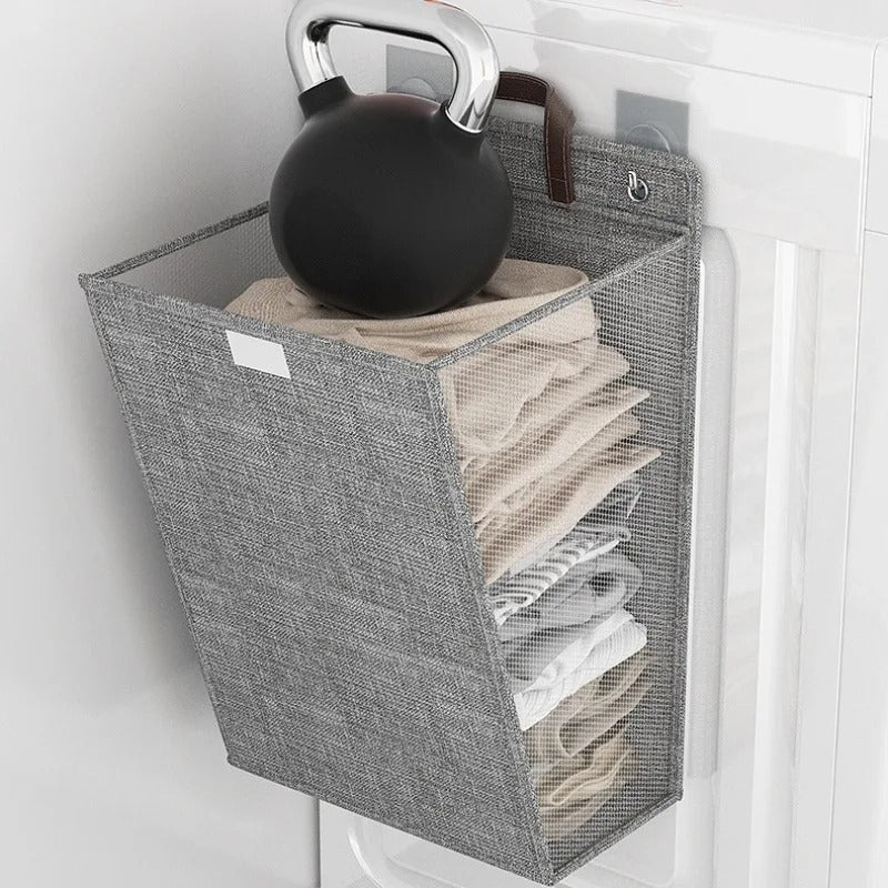 Składany kosz na pranie samoprzylepny | montaż bez wiercenia, oszczędza miejsce, na ścianę