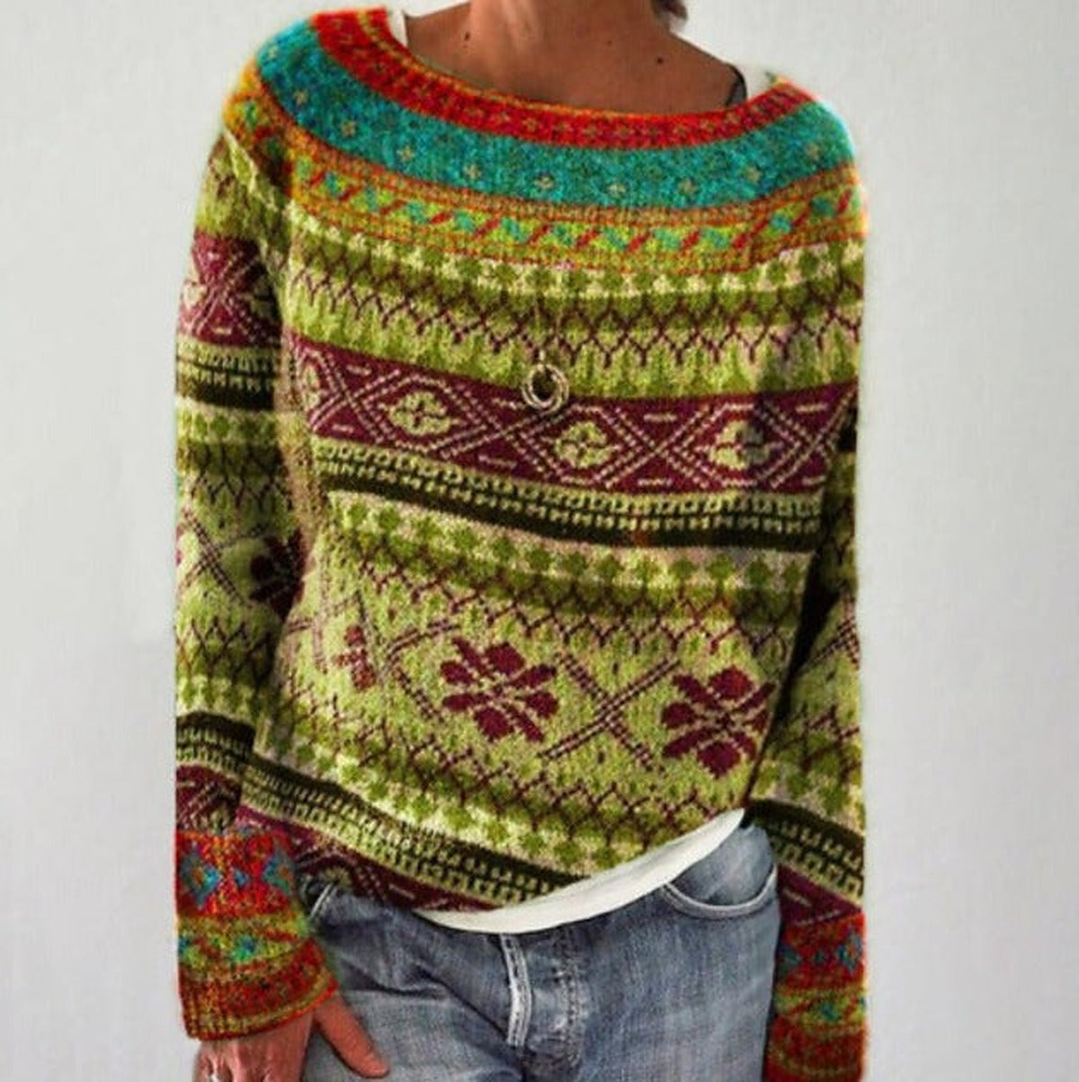 Sweter damski ze wzorem norweskim - luźny krój