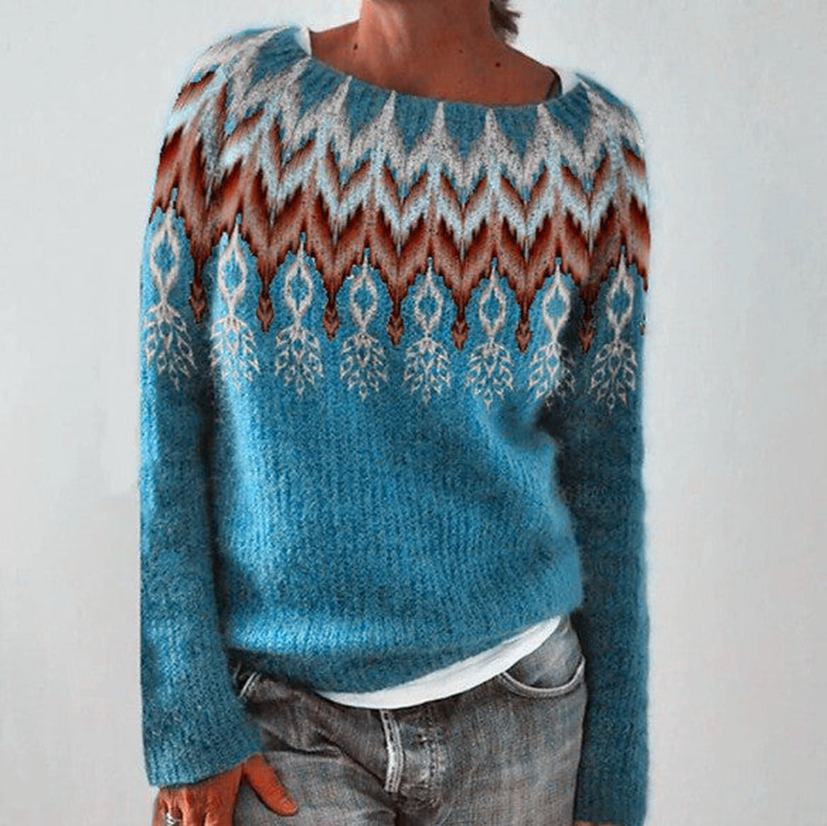 Sweter damski ze wzorem norweskim - luźny krój