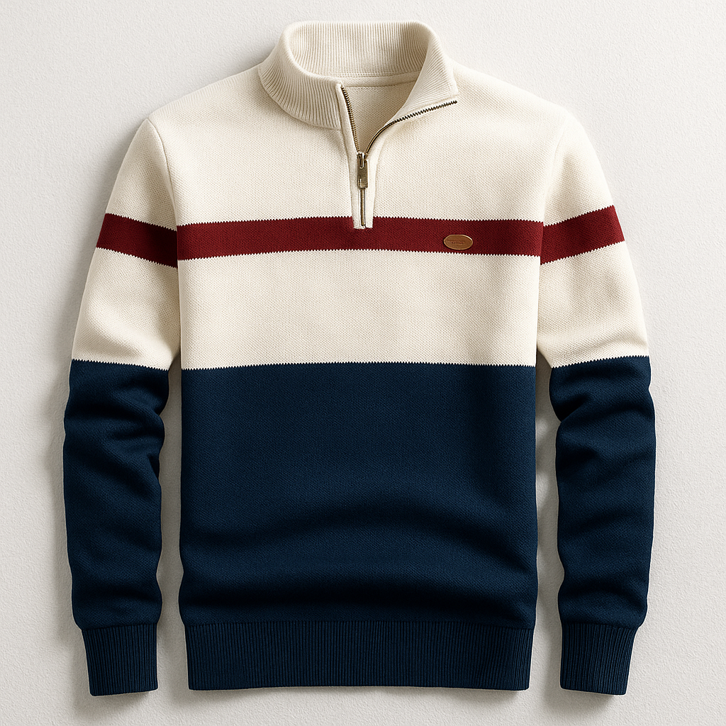 Sweter męski colorblock z krótkim zamkiem - stójka