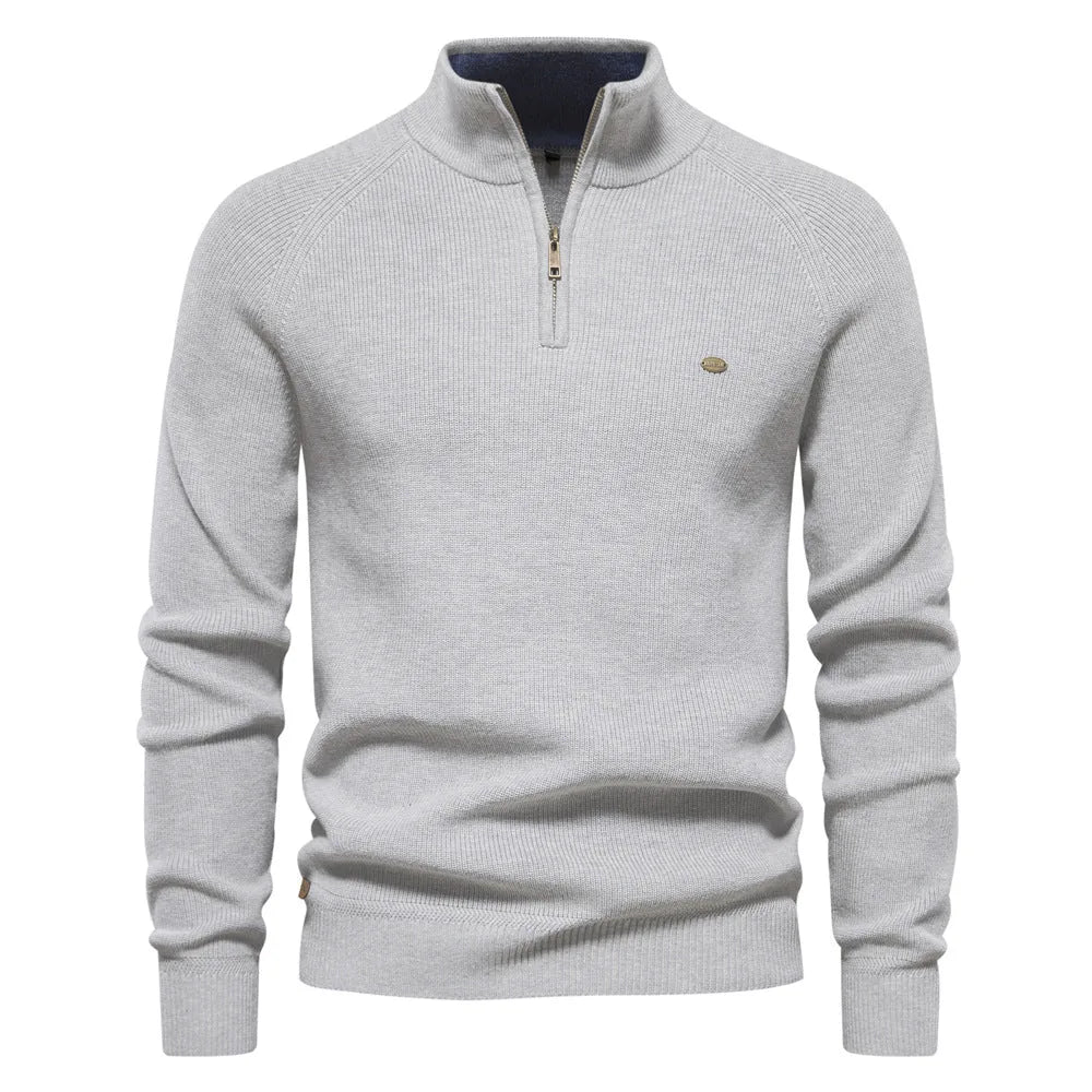 Sweter męski half zip ze stójką - prążkowany splot