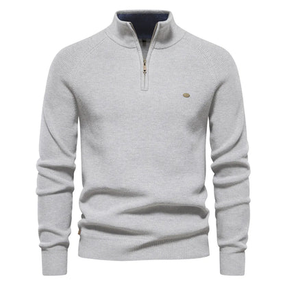 Sweter męski half zip ze stójką - prążkowany splot