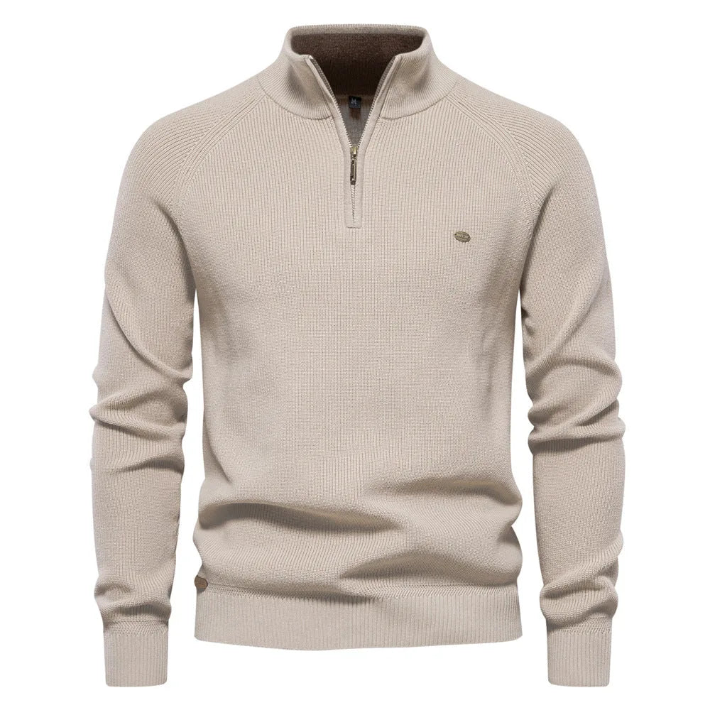 Sweter męski half zip ze stójką - prążkowany splot