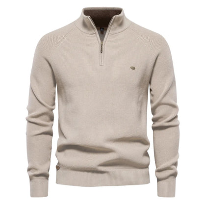 Sweter męski half zip ze stójką - prążkowany splot
