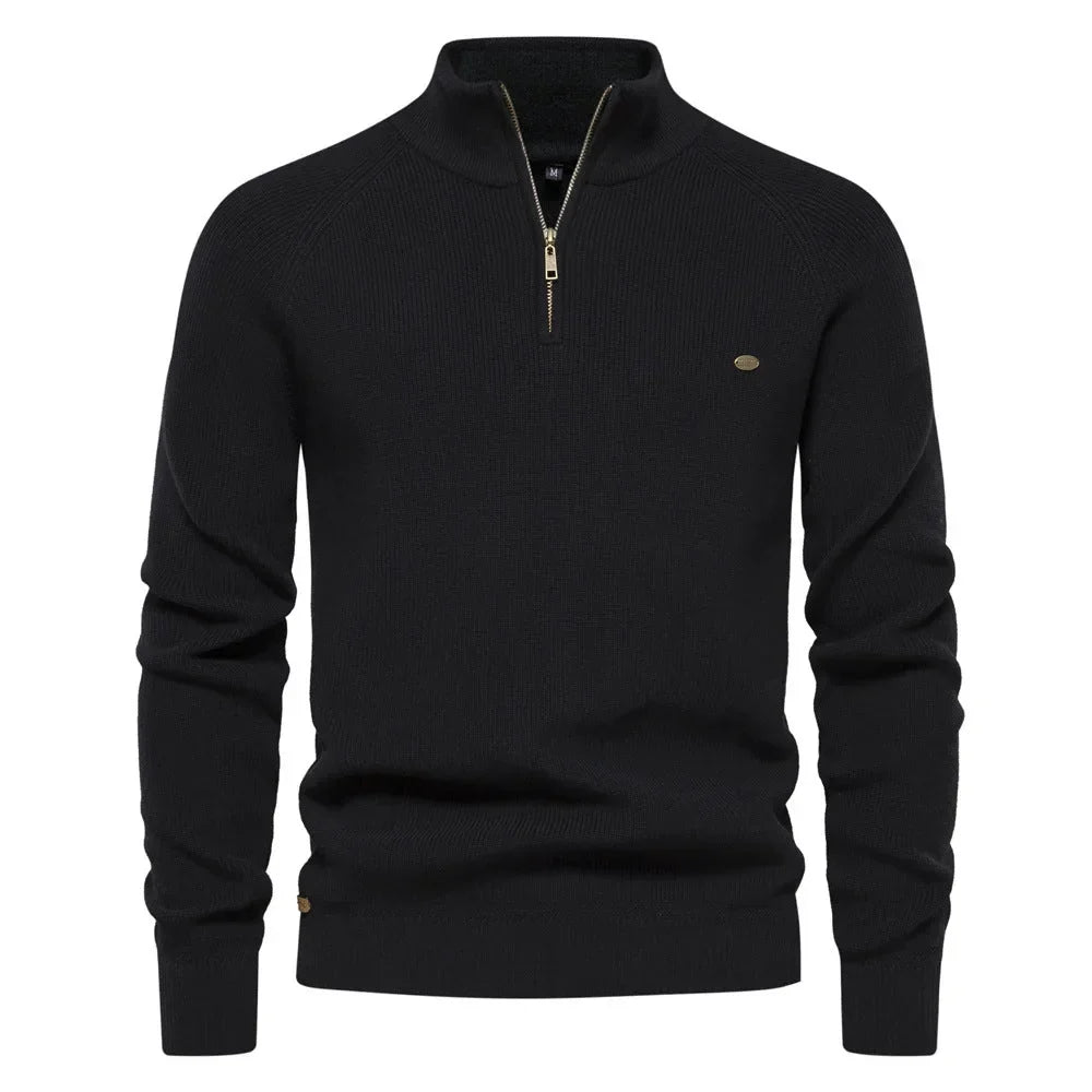 Sweter męski half zip ze stójką - prążkowany splot