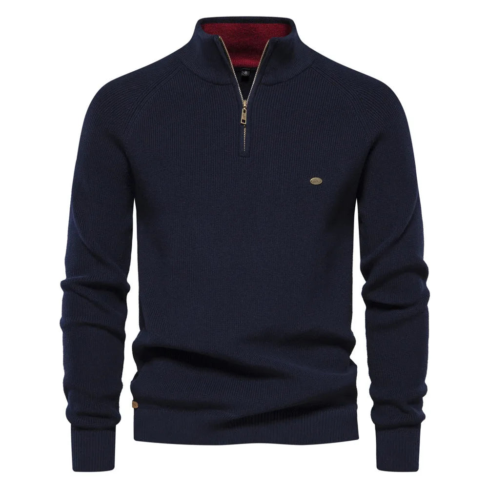 Sweter męski half zip ze stójką - prążkowany splot