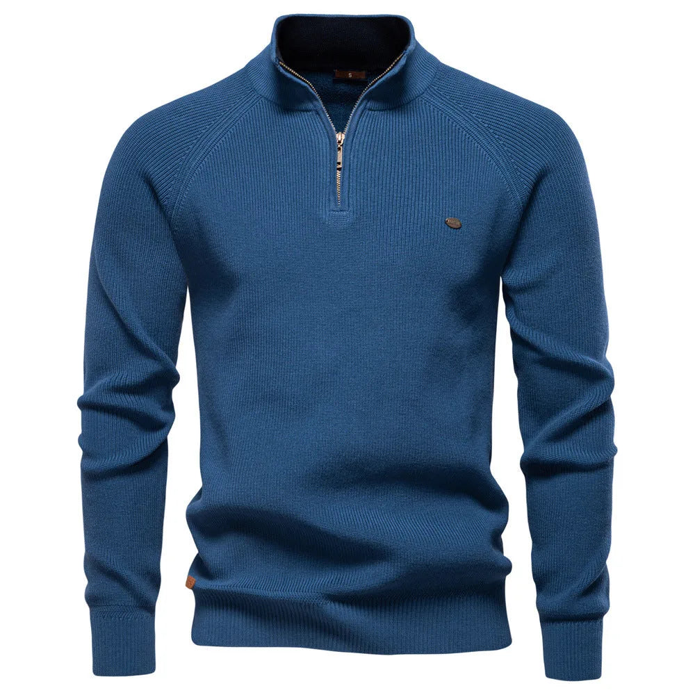 Sweter męski half zip ze stójką - prążkowany splot